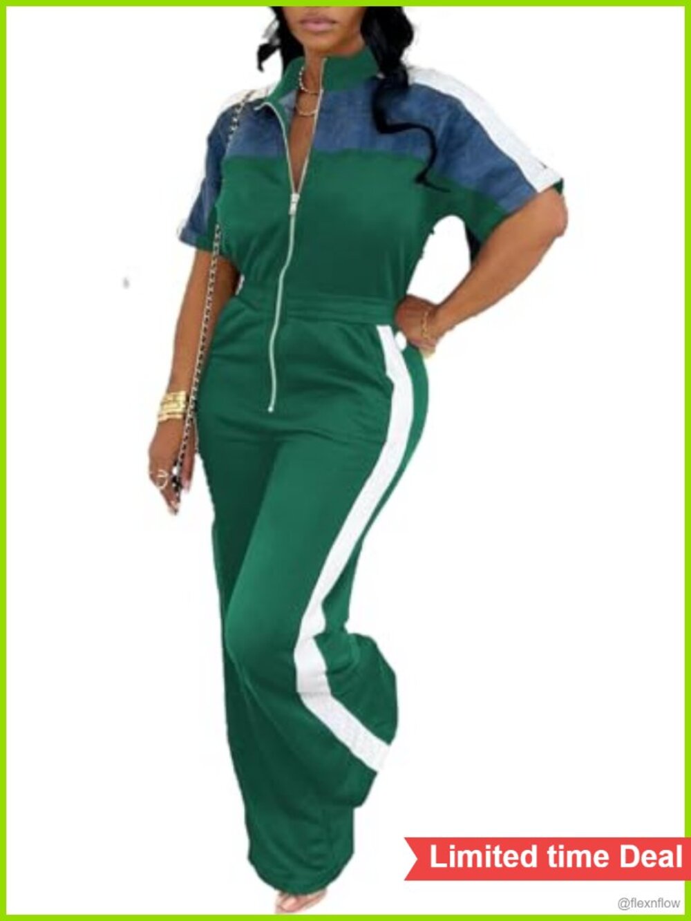 Color Block Zip Up Jumpsuit Short Sleeve Wide Leg Romper Sportswear